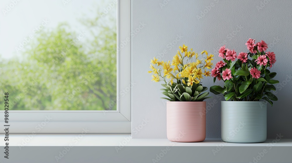 Flower pots on a windowsill, cozy interior, 3D illustration Flower pots on a windowsill, cozy interior, 3D illustration