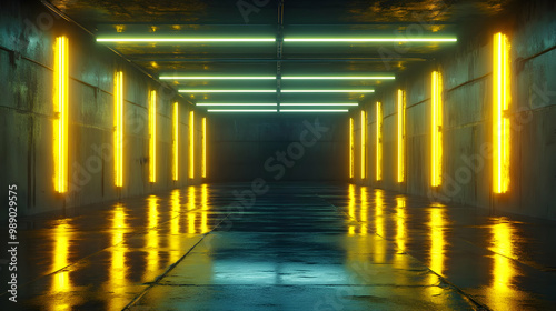 Neon Lights in a Wet Concrete Tunnel 3D Illustration