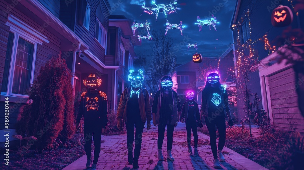 Friends in Augmented Reality Masks Walking at Night Friends in Augmented Reality Masks Walking at Night