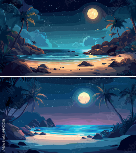 Night ocean beach cartoon vector concepts. Palms rocks boulders sand sea, jungle dusk marine lagoon coast shore landscape, gulf clear sky moonlight tropical holidays place illustration artworks