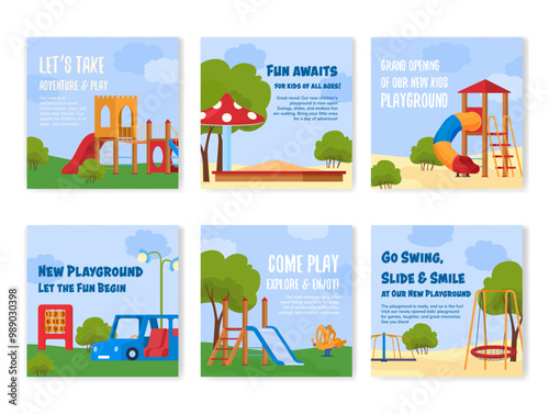 Banners introducing the grand opening of a new children s play area with fun activities and adventures for all ages