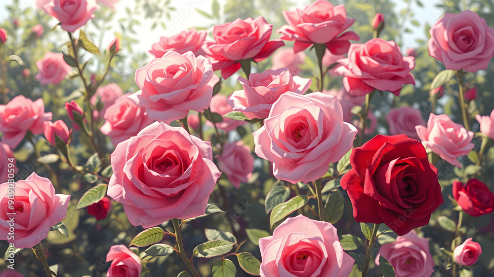 Fototapeta premium Rose Garden with Sunlight in Impressionist Style Featuring Delicate Roses in Various Colors Evoking Beauty and Tranquility