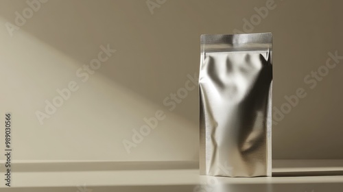 A silver foil coffee bag, standing on a neutral background, offering a sleek and modern packaging design template.
