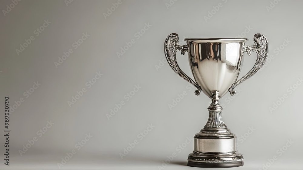 A silver trophy cup standing against a glossy silver background, representing achievement, success, and celebration of victory. A silver trophy cup standing against a glossy silver background, representing achievement, success, and celebration of victory.