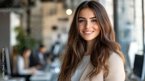 A businesswoman with brunette long hair stands in a modern office setting, with colleagues working in the background. The image captures a professional environment and leadership concept