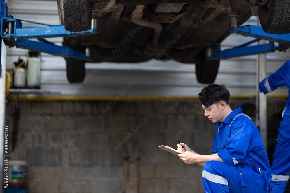 Car mechanic working in service station. Professional mechanic inspecting a lifted car. Auto mechanic is repairing car suspension, changing parts and inspecting car wheels. Car mechanic working in service station. Professional mechanic inspecting a lifted car. Auto mechanic is repairing car suspension, changing parts and inspecting car wheels.