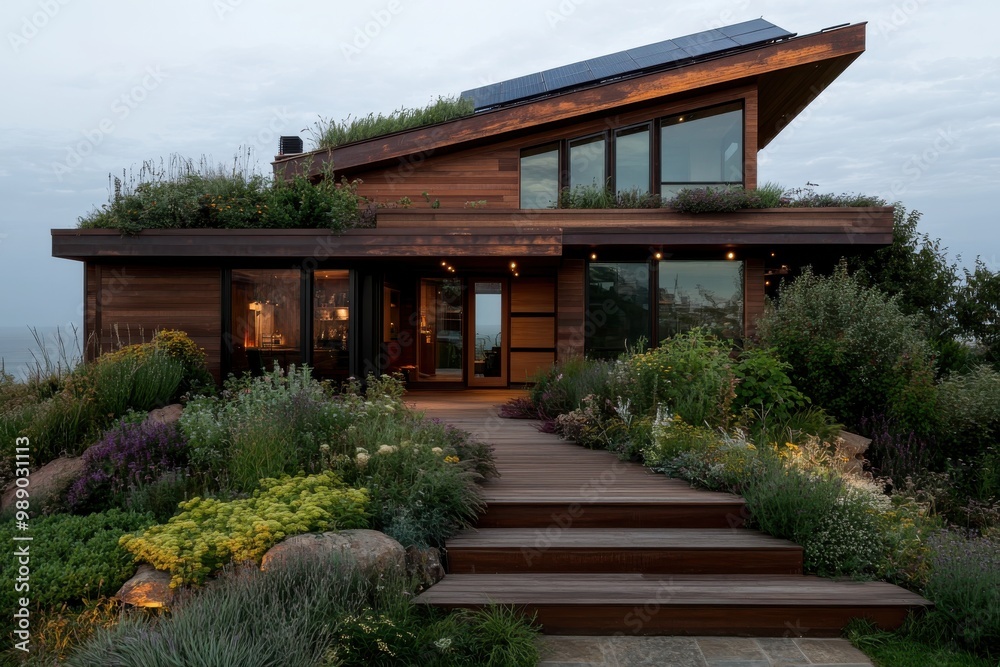 This eco-friendly home boasts a rooftop garden, wooden cladding, and large windows. The modern design emphasizes sustainability and integration with nature. This eco-friendly home boasts a rooftop garden, wooden cladding, and large windows. The modern design emphasizes sustainability and integration with nature.