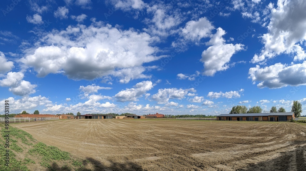 A wide angle of an open animal farm with empty stables and a barn on the horizon, sky filled with clouds A wide angle of an open animal farm with empty stables and a barn on the horizon, sky filled with clouds