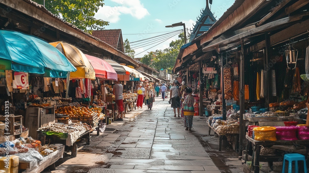 A bustling local market in the late afternoon, showcasing vibrant fruits and vegetables with shoppers exploring the colorful stalls A bustling local market in the late afternoon, showcasing vibrant fruits and vegetables with shoppers exploring the colorful stalls