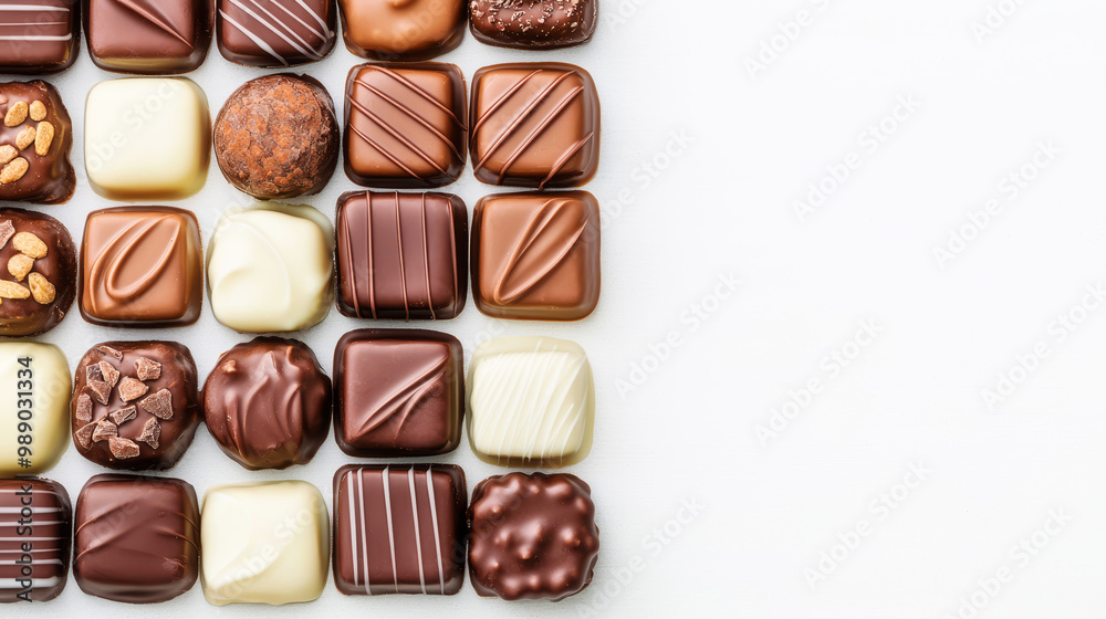 An assortment of exquisite chocolates arranged neatly on a white background. An assortment of exquisite chocolates arranged neatly on a white background.