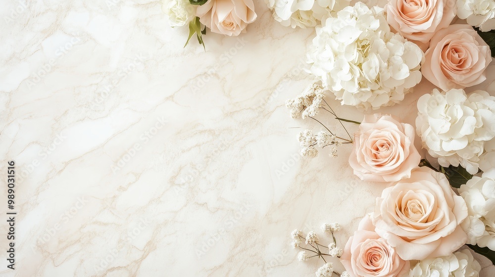 A serene arrangement of pale roses and hydrangeas on a marble background. A serene arrangement of pale roses and hydrangeas on a marble background.