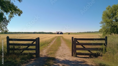 A wooden gate leading into a wide-open farm field, barn visible in the background, clear sky above