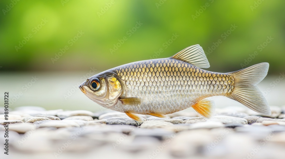 Fototapeta premium Vibrant common rudd fish on pebbled surface in natural light
