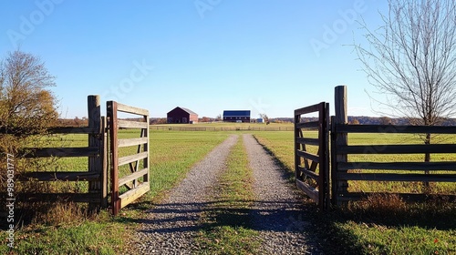 A wooden gate leading into a wide-open farm field, barn visible in the background, clear sky above