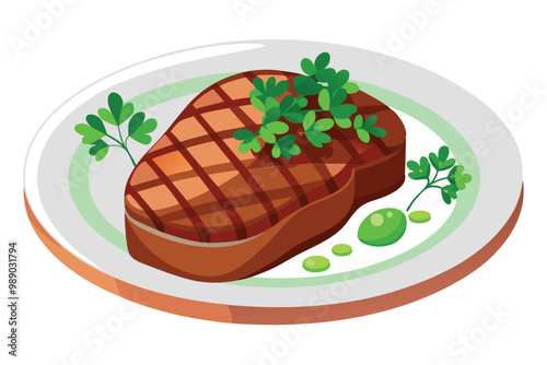 Grilled Steak with Parsley and Peas on Plate, illustration on white background.