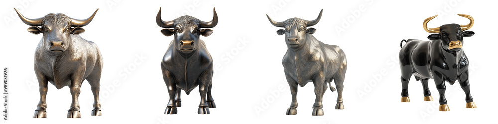 A set of four unique bull illustrations showcasing diverse features and colors, perfect for agricultural or wildlife themes. on transparent cutout, PNG file A set of four unique bull illustrations showcasing diverse features and colors, perfect for agricultural or wildlife themes. on transparent cutout, PNG file