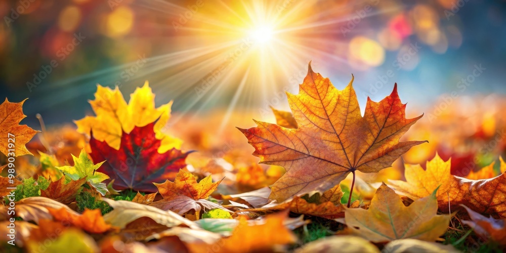 Close up of vibrant autumn leaves with sunburst effect against blurred background capturing essence of fall season Close up of vibrant autumn leaves with sunburst effect against blurred background capturing essence of fall season
