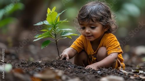 Child Planting Tree in Deforested Area