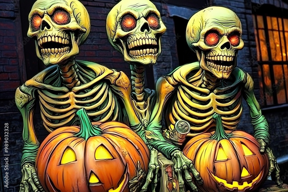 Evil skeletons and Halloween Pumpkins in the city streets. Grunge poster design. Ai generative Evil skeletons and Halloween Pumpkins in the city streets. Grunge poster design. Ai generative