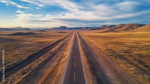 Aerial shot of a long, empty road in the middle of vast wilderness, copy space available on both sides