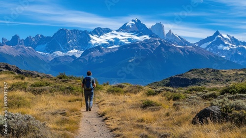 A hiker walks along a trail with stunning mountains in the background.