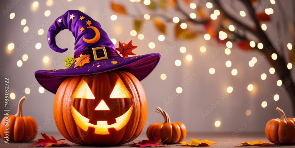Naklejka premium A festive Halloween display features a jack-o'-lantern wearing a witch hat, surrounded by warm, twinkling lights.