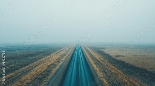 Aerial view of a long empty road through flatlands, ample space for copy in the sky and foreground