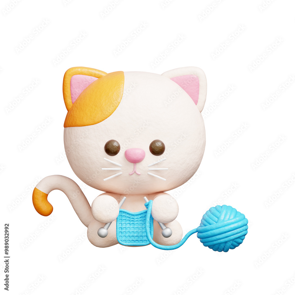3D cute cat knitting, Cartoon animal character, 3D rendering.