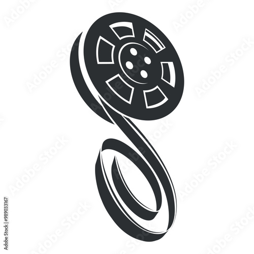 Reel icon symbolizing film production, depicting a classic film reel design intertwined with artistic elements on a white background