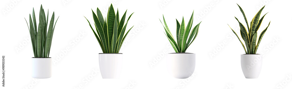Four elegant green plants in white pots, showcasing various heights and leaf patterns. Four elegant green plants in white pots, showcasing various heights and leaf patterns.