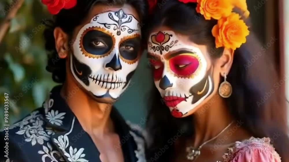 A man and a woman dressed up in day of the dead costumes. traditional costumes and make up A man and a woman dressed up in day of the dead costumes. traditional costumes and make up