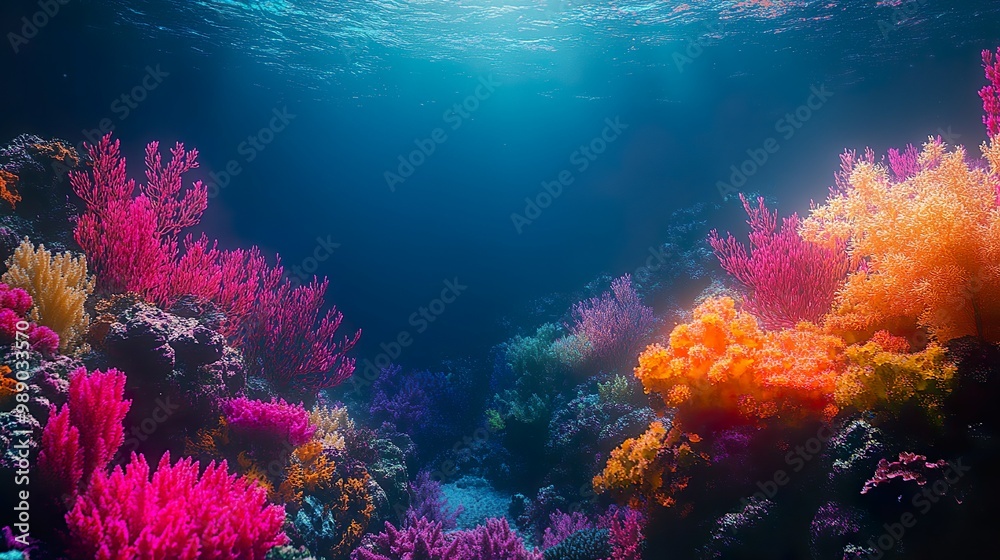 Fototapeta premium Dark ocean glowing with mysterious ruins in underwater scenic design picture