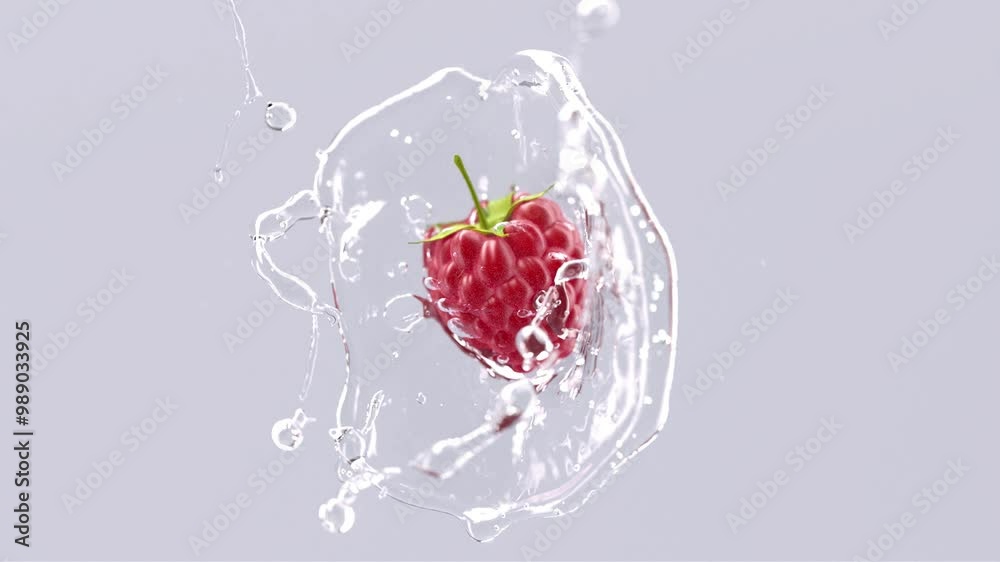 Raspberry falling in water splash slow motion, depth of field