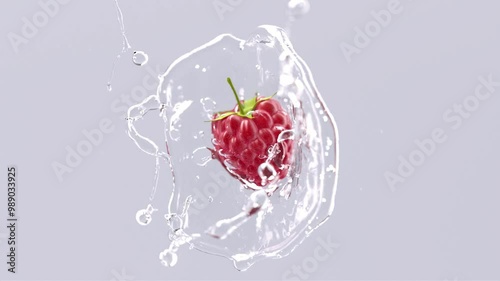 Raspberry falling in water splash slow motion, depth of field