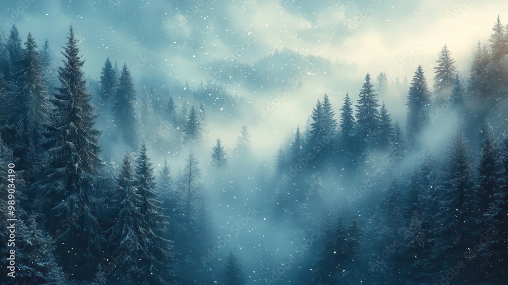 enchanted winter forest bathed in soft snowfall towering evergreens draped in white misty atmosphere and cool blue tones create a serene magical landscape enchanted winter forest bathed in soft snowfall towering evergreens draped in white misty atmosphere and cool blue tones create a serene magical landscape
