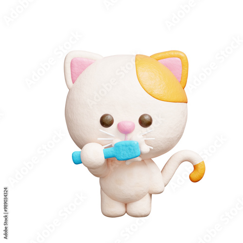 3D cute cat brushing teeth, Cartoon animal character, 3D rendering. photo