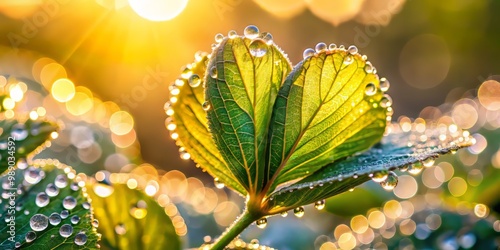 Dew-kissed leaves unfold in the morning, bathed in warm, clear light, with subtle water patterns and a delicate, dreamy quality. photo