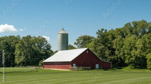 Barn and silo on a peaceful animal farm, open field in the foreground with ample space for text