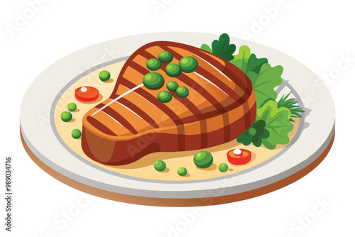 Grilled Steak with Parsley and Peas on Plate, illustration on white background.