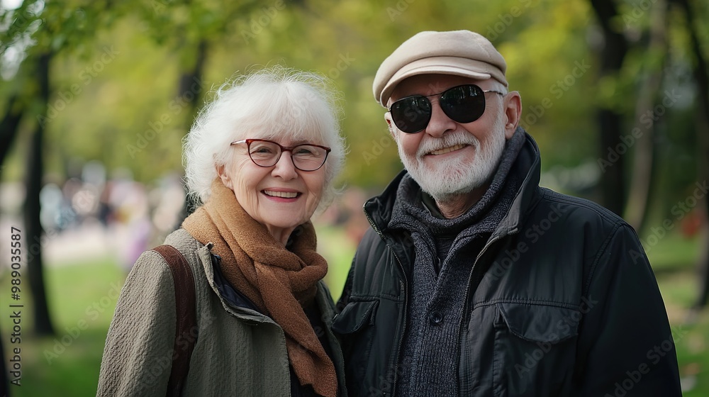 Joyful elderly couple smiles together in a park during autumn, showcasing love and companionship amidst nature Joyful elderly couple smiles together in a park during autumn, showcasing love and companionship amidst nature