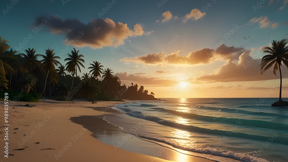 A stunningly realistic beach scene in 4K Ultra HD, with crystal clear turquoise waters, golden sands, and lush palm trees swaying in a gentle breeze, sunset over the ocean A stunningly realistic beach scene in 4K Ultra HD, with crystal clear turquoise waters, golden sands, and lush palm trees swaying in a gentle breeze, sunset over the ocean