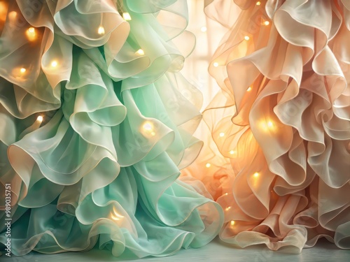 Airy organza layers undulate in a whimsical setting with diffused backlight casting a gentle glow on soft peach and mint tones.