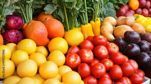 Fresh produce at a vibrant market showcasing a variety of colorful fruits and vegetables in early morning light