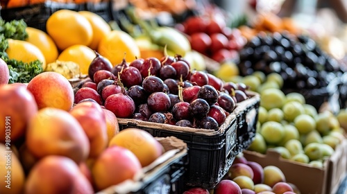 Fresh produce at a vibrant market showcasing a variety of colorful fruits and vegetables in early morning light photo