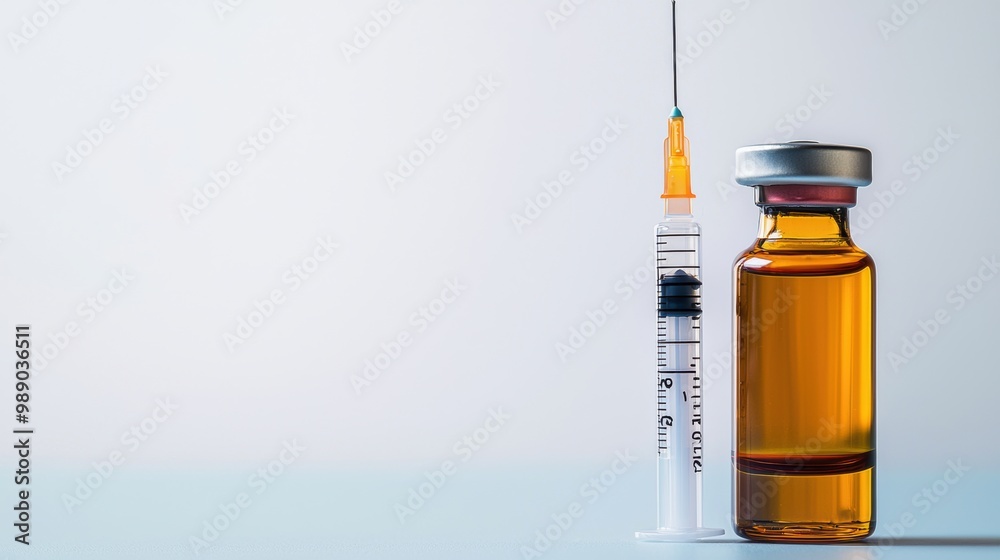 Close up view of a medical vial and syringe for vaccination or medication Close up view of a medical vial and syringe for vaccination or medication