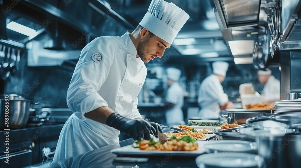Chef preparing fresh vegetables in a modern kitchen during a busy dinner service in the evening Chef preparing fresh vegetables in a modern kitchen during a busy dinner service in the evening