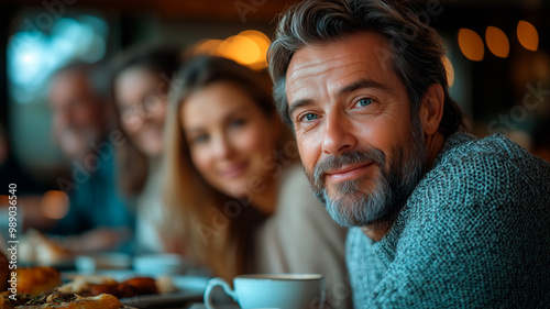 Warm multigenerational family enjoying a meal together around a rustic table, smiling and bonding