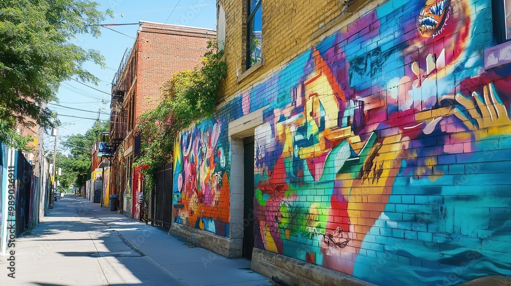 Fototapeta premium Colorful urban alleyway adorned with vibrant street art in a bustling city