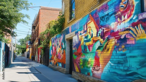 Colorful urban alleyway adorned with vibrant street art in a bustling city