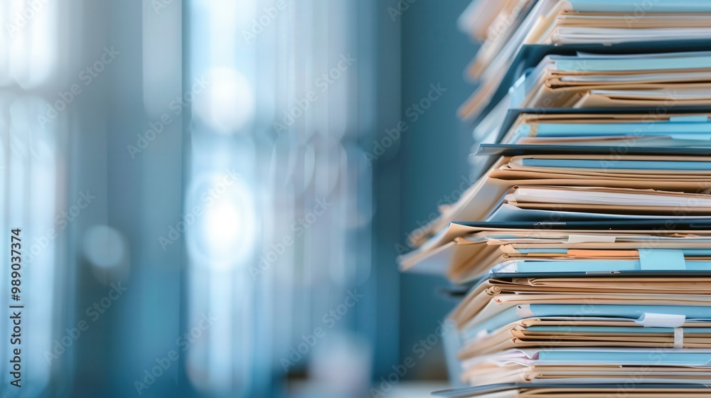 Cluttered Office Environment, Disorganized files piled on a desk, a blurred workspace in the background reflects the chaos of busy office management tasks. Cluttered Office Environment, Disorganized files piled on a desk, a blurred workspace in the background reflects the chaos of busy office management tasks.